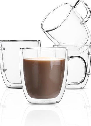 BTaT- Double Wall Glass Coffee Mugs, 12 oz, Set of 4, Clear Latte Cups, Insulated, Christmas Gifts