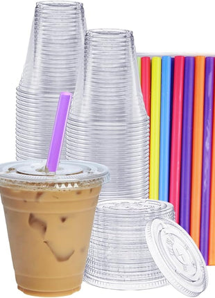 GUSTO [12 oz. - 100 Count Clear Cups with Flat Lids & Straws - Disposable Clear Drinking Cups for Iced Coffee, Cold Drinks, Milkshakes, and Smoothies - Formerly Comfy Package