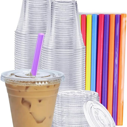 GUSTO [12 oz. - 100 Count Clear Cups with Flat Lids & Straws - Disposable Clear Drinking Cups for Iced Coffee, Cold Drinks, Milkshakes, and Smoothies - Formerly Comfy Package