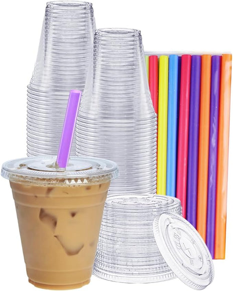 GUSTO [12 oz. - 100 Count Clear Cups with Flat Lids & Straws - Disposable Clear Drinking Cups for Iced Coffee, Cold Drinks, Milkshakes, and Smoothies - Formerly Comfy Package