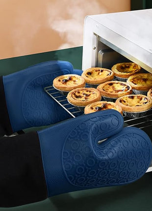 sungwoo Extra Long Silicone Oven Mitts, Heat Resistant Oven Gloves with Quilted Liner Non-Slip Textured Grip Perfect for BBQ, Baking, Cooking and Grilling - 1 Pair 14.6 Inch Royal Blue & Black