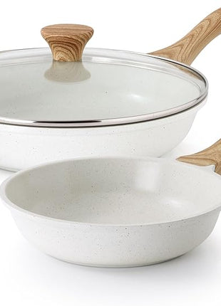 SENSARTE Nonstick Frying Pan Skillets, White Ceramic Coating Omelette Pans, Healthy Cookware Chef's Pan, Free of PTFE & PFAS (8+11Inch with Lid)