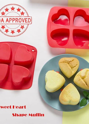 Webake Silicone Heart Mold Heart Shaped Cake Pans, Air Fryer Baking Pan, 4 Cavity Muffin Cupcake Mold for Baking, Soap, 2 Pack