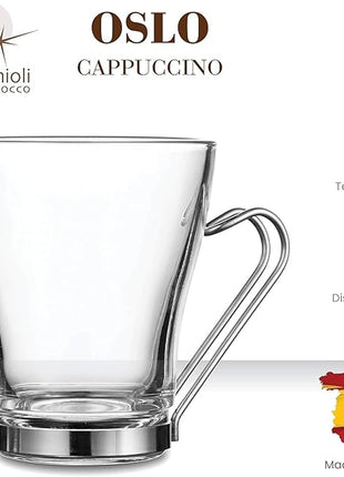 Bormioli Rocco Oslo 7.5 oz. Cappuccino Tempered Glass Cup with Removable Stainless Steel Handle for Coffee, Tea, Lattes, and Hot Drinks, Set of 4