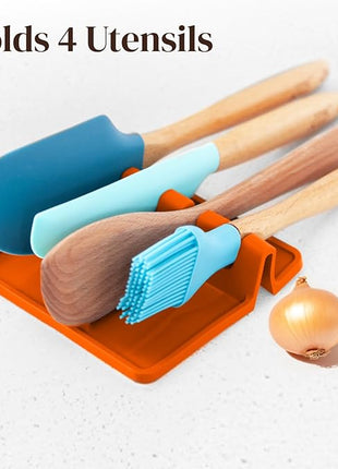 Orange Silicone Spoon Rest for Stove Top with Drip Pad (Two Pack) - Heat Resistant BPA Free Utensil Rest & Spoon Holder for Kitchen Counter - Grill Utensil Holder - Spatula Holder, Tongs, Ladle