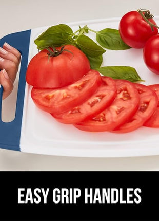 GORILLA GRIP BPA-Free Reversible Kitchen Cutting Board Set of 3, US Designed, Nonporous, Juice Grooves Catch Liquid, Slip Resistant Border, Dishwasher Safe, Durable Large Food Chopping Boards, Blue