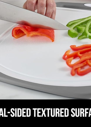 GORILLA GRIP BPA-Free Reversible Kitchen Cutting Board Set of 3, Nonporous, Juice Grooves to Catch Liquid, Slip Resistant Handle Border, Dishwasher Safe, Durable Large Food Chopping Boards, Gray