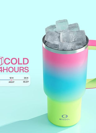ENCOOL 32 oz Tumbler with Handle and Straw: Stainless Steel Insulated Tumbler Keeps Cold for 24 Hours, Leakproof Travel Cup Fits in Cup Holder and BPA-Free, Lime Sorbet