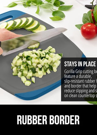 GORILLA GRIP BPA-Free Reversible Kitchen Cutting Board Set of 3, US Designed, Nonporous, Juice Grooves Catch Liquid, Slip Resistant Border, Dishwasher Safe, Durable Food Chopping Boards, Blue Gray