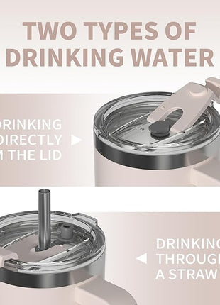 40 oz Tumbler with Handle,Tumbler with Lid and Straw,Double Wall Insulated Cup Stainless Steel Travel Mug(Cold for 34 Hours),Water Bottle for Iced Tea,Coffee,Cold Beverages(Ivory Beige)