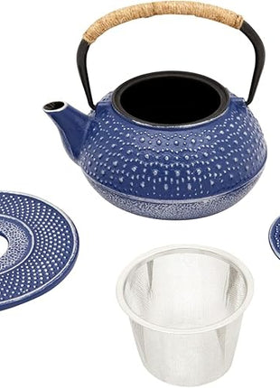 Juvale Cast Iron Teapot with Infuser - Blue, 27 oz (800 mL) - Stovetop Tea Kettle for Loose Leaf Tea - Includes Stainless Steel Infuser & Trivet