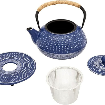 Juvale Cast Iron Teapot with Infuser - Blue, 27 oz (800 mL) - Stovetop Tea Kettle for Loose Leaf Tea - Includes Stainless Steel Infuser & Trivet