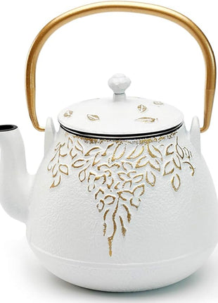 Tea Kettle, TOPTIER Japanese Cast Iron Teapot with Infuser for Loose Leaf and Tea Bags, Stovetop Safe Cast Iron Tea Kettle Coated with Enameled Interior for 40 oz (1200 ml), White