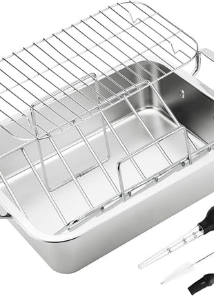 15 Inch Stainless Steel Roasting Pan with V-Shaped Rack and Turkey Baster - Rectangular Roaster for Turkey, Chicken, Vegetables - Fits 20lb Turkey