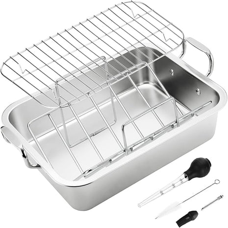15 Inch Stainless Steel Roasting Pan with V-Shaped Rack and Turkey Baster - Rectangular Roaster for Turkey, Chicken, Vegetables - Fits 20lb Turkey