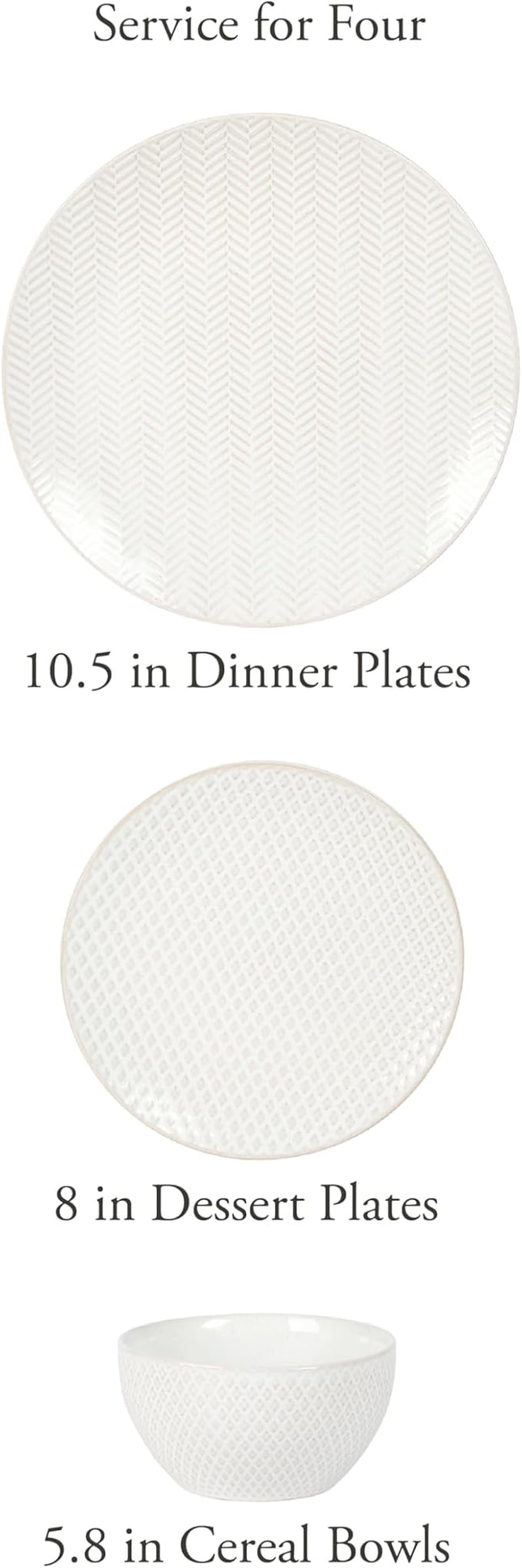 Gibson Elite Oyster Tide Embossed 12 Piece (Service for 4) Plates and Bowls Reactive Glaze Round Dishes Stoneware Ceramic Dinnerware Set, White