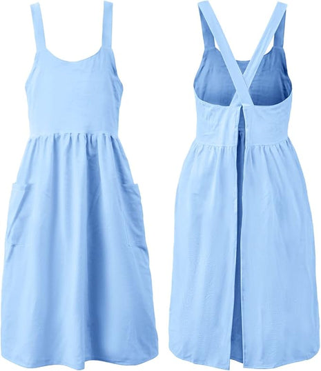 Uaussi Cotton Linen Apron Cross Back Work Apron for Women with Pockets Pinafore Dress X Cross Halter Apron for Chef Gardening