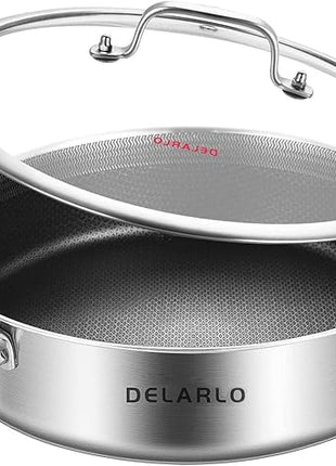 DELARLO Tri-Ply Stainless Steel 10 Inch Deep Frying Pan 3QT Saute Pan With Lid, Induction Compatible Chef Cooking Pan with lid, Dishwasher & Oven Safe