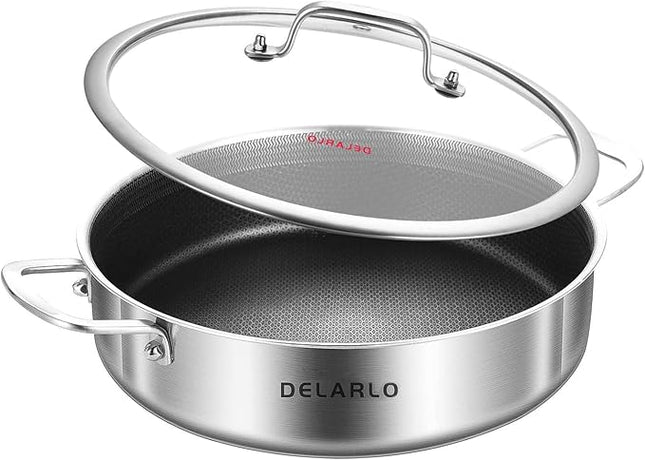 DELARLO Tri-Ply Stainless Steel 10 Inch Deep Frying Pan 3QT Saute Pan With Lid, Induction Compatible Chef Cooking Pan with lid, Dishwasher & Oven Safe