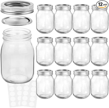 KAMOTA Mason Jars 16 OZ With Regular Lids and Bands, Ideal for Meal Prep, Jam, Honey, Wedding Favors, Shower Favors, Baby Foods, DIY Spice Jars, 12 PACK, 20 Whiteboard Labels Included