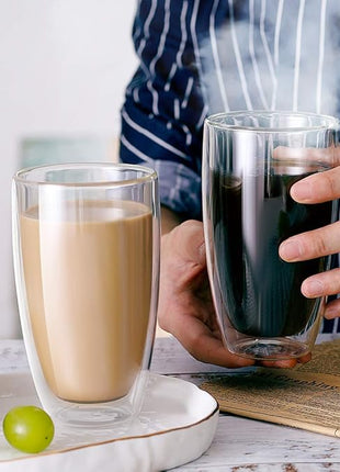 CNGLASS Double Wall Thermo Glass Coffee Cup 13.5 oz,Clear Insulated Glass Coffee Mug for Latte Cappuccino Tea Milk,Set of 4