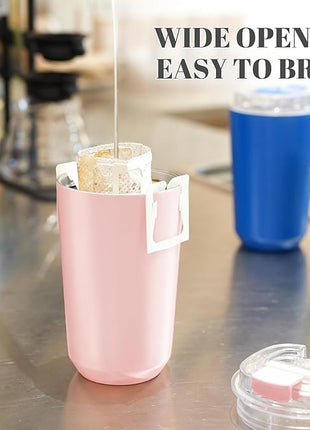 Puraville Insulated Tumblers with Lid, 14 oz Travel Coffee Mug Stainless Steel Vacuum Cup, Leak Proof Reusable Double Walled Coffee Tumbler for Iced and Hot Drinks, Pink