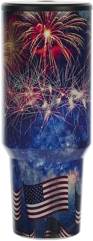 Bioworld Americana 40 Oz. Vacuum Insulated Stainless Steel Tumbler with Leak-Proof Lid & Handle, Patriotic Fireworks & American Flag Design for 4th of July or Everyday Travel