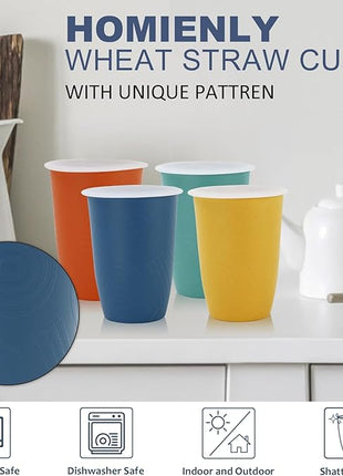 Homienly 16 OZ Wheat Straw Cups for Kitchen, Drinking Cups with Lid Set of 6, Unbreakable Cup Set Reusable, Stackable Water Tumblers (Recommend Fill Volume 12 OZ) - Colorful