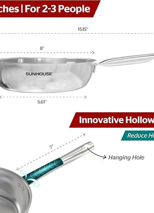 Sunhouse 8 Inch Tri-Ply Stainless Steel Frying Pan, Whole-Clad No Coatings Skillet with Stay-cool Handle for Cooking, Durable & Oven Safe to 500°F, Dishwasher Safe, Compatible with All Cooktops