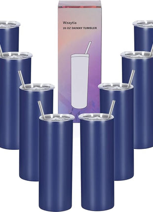 8 Pack 20 Oz Stainless Steel Straight Skinny Tumblers, Insulated Slim Thin Travel Cup Set for DIY, Navy