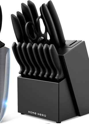 Home Hero Kitchen Knife Set - Wooden Knife Block Organizer - High Carbon Stainless Steel Blades - Ergonomic Handles with Built-In Sharpener & Kitchen Scissors - 16-Pc, Black