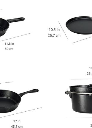 Amazon Basics Pre-Seasoned Cast Iron 5 Pieces Kitchen Pots and Pans Cookware Set, Black, 14.17 x 12.2 x 10.63 in