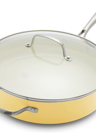 GreenLife Artisan Healthy Ceramic Nonstick, 5QT Saute Pan Jumbo Cooker with Helper Handle and Lid, Stainless Steel Handle, Induction, PFAS-Free, Dishwasher Safe, Oven Safe, Yellow