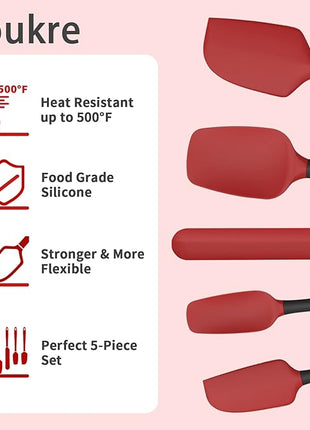Coukre Silicone Spatula Set of 5,High Temperature Resistant, Food Grade Silicone, Dishwasher Safe, for Baking, Cooking (Red)