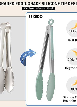 Kitchen Tongs, Set of 3 Stainless Steel Tongs with Silicone Tips Locking Cooking Tongs 600ºF Heat Resistant Tong for Cooking BBQ Grilling Air Fryer Serving Food Salads, 7"+9"+12" Light Green