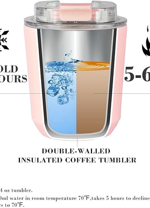 Puraville Insulated Tumblers with Lid, 10 oz Travel Coffee Mug Stainless Steel Vacuum Cup, Leak Proof Reusable Double Walled Coffee Tumbler for Iced and Hot Drinks, Pink