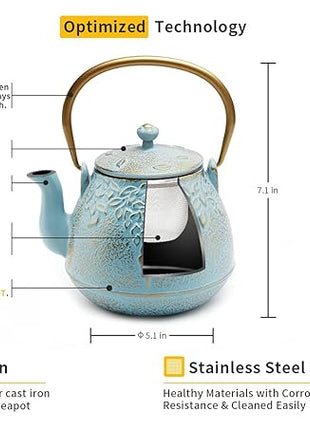 TOPTIER Japanese Cast Iron Tea Kettle with Stainless Steel Infuser, Cast Iron Teapot Stovetop Safe, Leaf Design Teapot Coated with Enameled Interior, 32 Ounce (950 ml), Turquoise Blue
