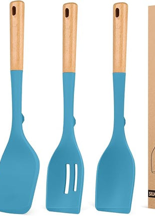 Pack of 4 Silicone Kitchen Utensils Set, Non Stick Solid Spatulas and Heat Resistant Slotted Spoons with Wooden Handle, Ideal BPA Free Cooking Utensils for Mixing,Serving,Turning,Stirring(BLUE)