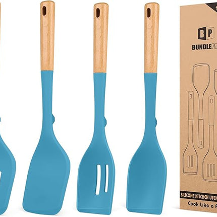 Pack of 4 Silicone Kitchen Utensils Set, Non Stick Solid Spatulas and Heat Resistant Slotted Spoons with Wooden Handle, Ideal BPA Free Cooking Utensils for Mixing,Serving,Turning,Stirring(BLUE)