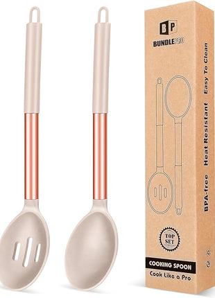 Pack of 2 Large Silicone Cooking Spoons,Non Stick Solid Basting Spoon,Heat-Resistant Kitchen Utensils for Mixing,Serving,Draining,Stirring (ROSE GOLD KHAKI)