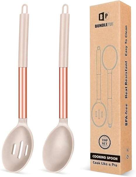 Pack of 2 Large Silicone Cooking Spoons,Non Stick Solid Basting Spoon,Heat-Resistant Kitchen Utensils for Mixing,Serving,Draining,Stirring (ROSE GOLD KHAKI)