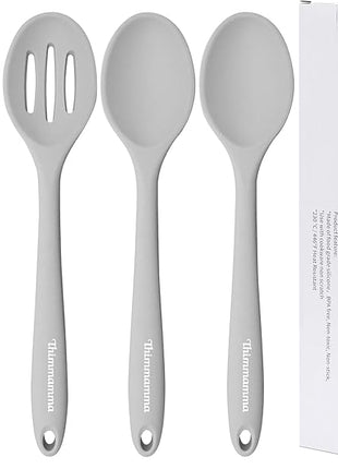Silicone Spoon, Nonstick Kitchen Silicone Slotted Solid Spoons for Cooking Dishwasher Safe for Nonstick Cookware, Heat Resistant Grey Silicone Serving Spoon BPA Free for Mixing Stirring