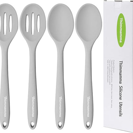 Silicone Spoon, Nonstick Kitchen Silicone Slotted Solid Spoons for Cooking Dishwasher Safe for Nonstick Cookware, Heat Resistant Grey Silicone Serving Spoon BPA Free for Mixing Stirring