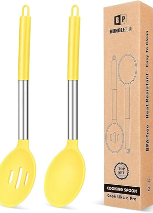 Pack of 2 Large Silicone Cooking Spoons,Non Stick Solid Basting Spoon,Heat-Resistant Kitchen Utensils for Mixing,Serving,Draining,Stirring (YELLOW)