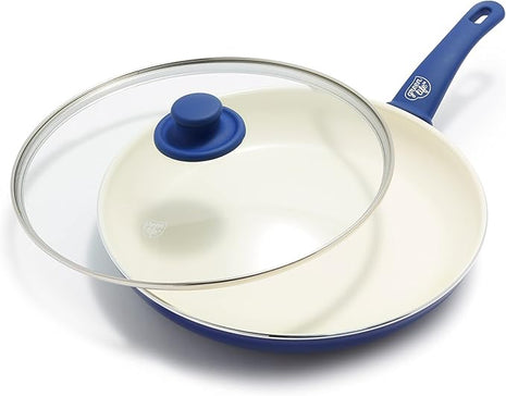 GreenLife Soft Grip Healthy Ceramic Nonstick, 12" Frying Pan Skillet with Lid, PFAS-Free, Dishwasher Safe, Blue