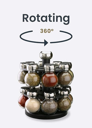 Olde Thompson Since 1944 Orbit Rotating Rack, 16 Refillable Spice Jars, Labeled Shaker Tops, 45, Black, Clear