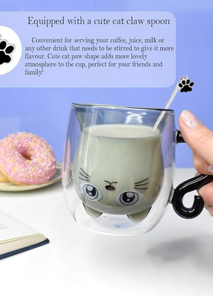 Black Cat Mug Cute Mug with Handle Double Walled Coffee Mugs Kawaii Cat Presents for Women Glass Mugs Tea Cup Cute Birthday Gifts for Cat Lovers Ideas Halloween Christmas