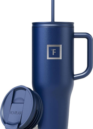 IRON °FLASK Co-Pilot Insulated Mug w/Straw & Flip Cap Lids - Cup Holder Bottle for Hot, Cold Drink - Leak-Proof - Water, Coffee Portable Travel Mug - Twilight Blue, 40 Oz
