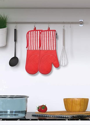 Silicone Oven Mitts Heat Resistant 932℉ with Waterproof & Non-Slip Kitchen Mittens, Set of 2 Extra Long Oven Gloves with Soft Cotton Terry Lining for Baking Cooking Barbecue (2, Red Mitts)
