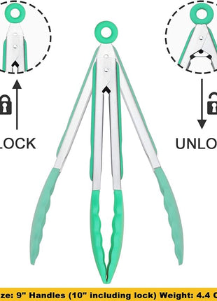 Stainless Steel Kitchen Cooking Tongs with Silicone Tips 9-Inch Serving Tongs, Set of 3 (Mint Pink Yellow)